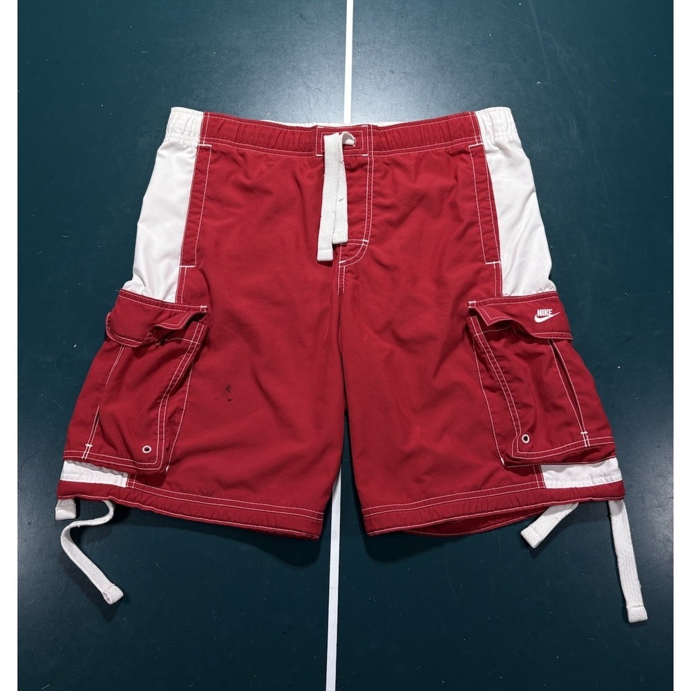Vintage Y2K Nike Red Swim‎ Trunks Cargo Board Shorts Men's Medium Retro Baggy
